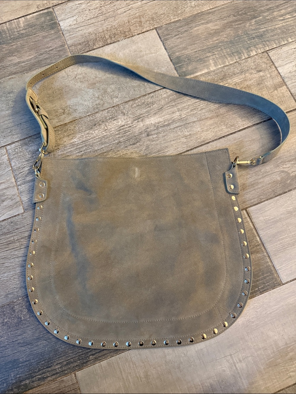 Suede Studded Shoulder Bag in Taupe